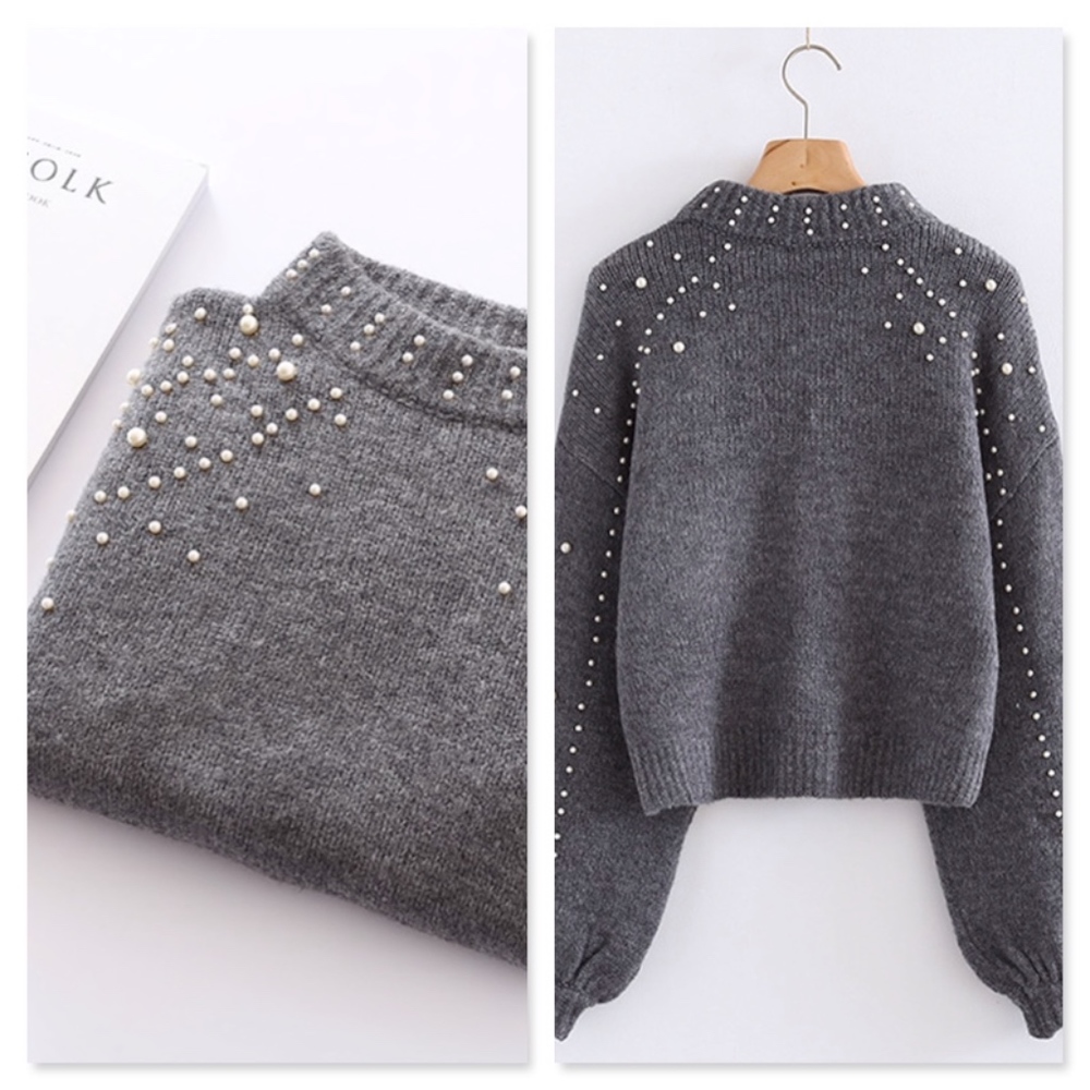 Pearl Beading Lantern Sleeve High Neck Sweater - Picture 6 of 8